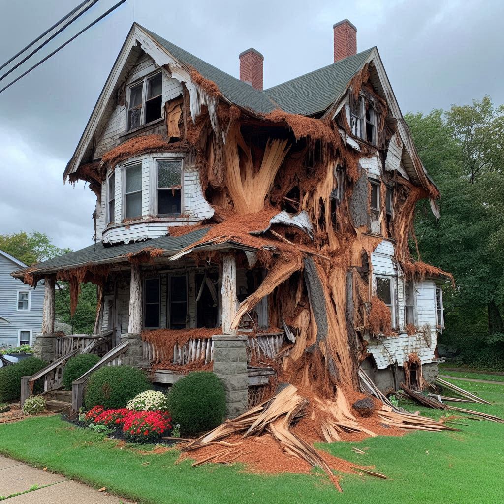 Damaged tree on an Sun City home showing signs of disease and decay